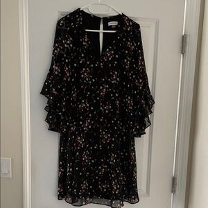 Calvin Klein Black Floral Midi Dress with Ruffle Sleeves